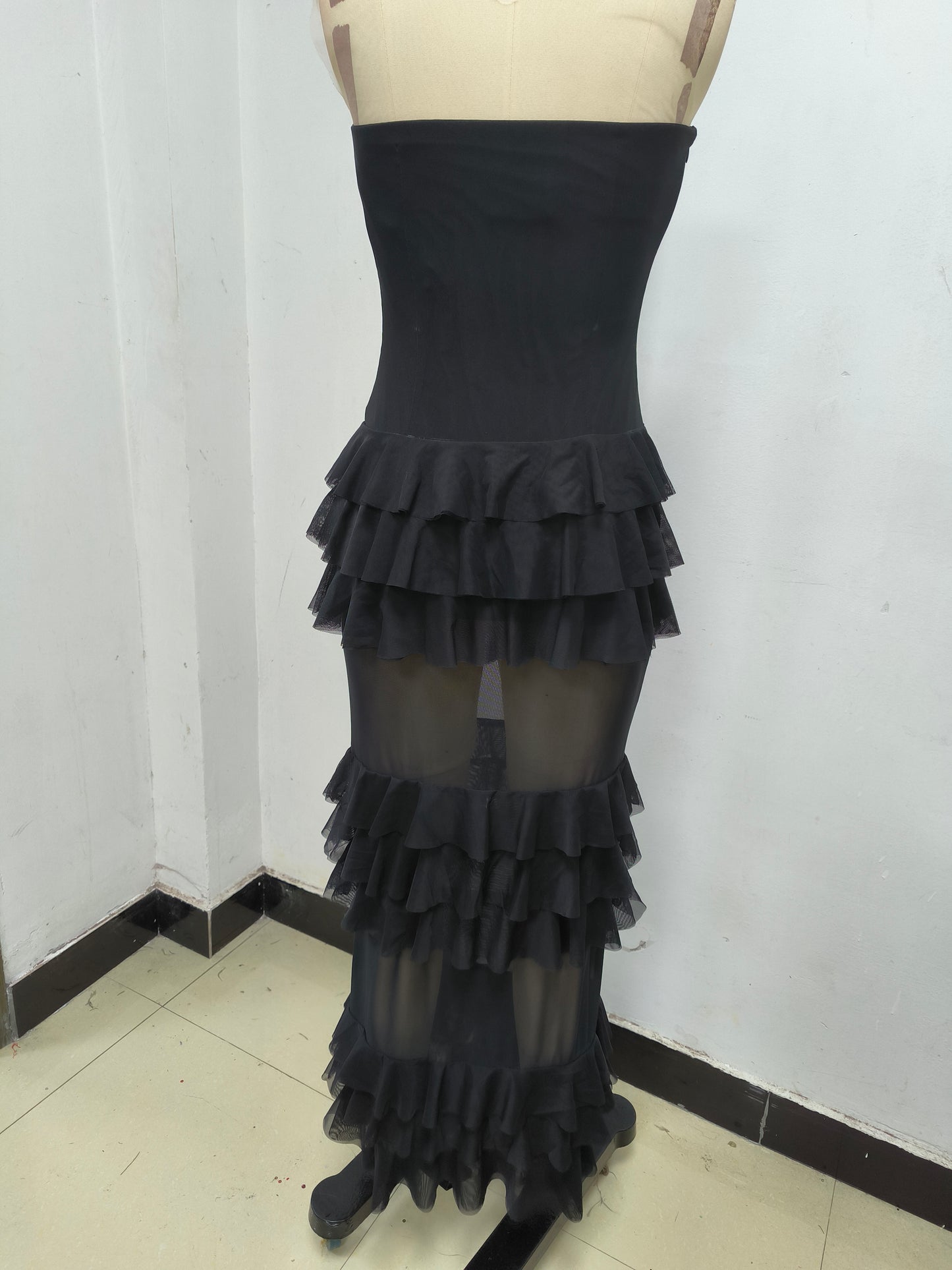 Strapless Ruffle Mesh Maxi Dress Black S025