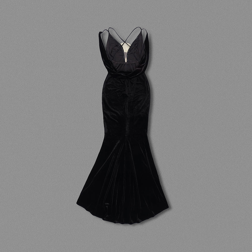 Flower Detail Maxi Velvet Dress Black HV1622