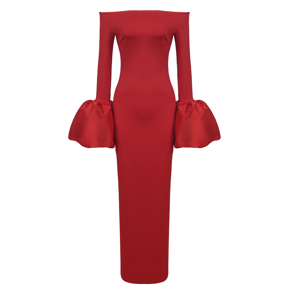 Long Sleeve Bardot Maxi Dress Red HV1855