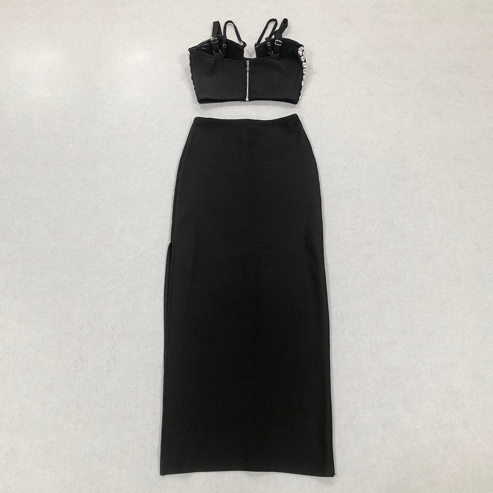Crystal Bustier Two Piece Maxi Dress Black HV1426