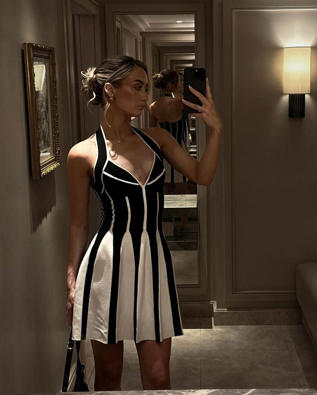 Halter A Line Dress Black White HV1838