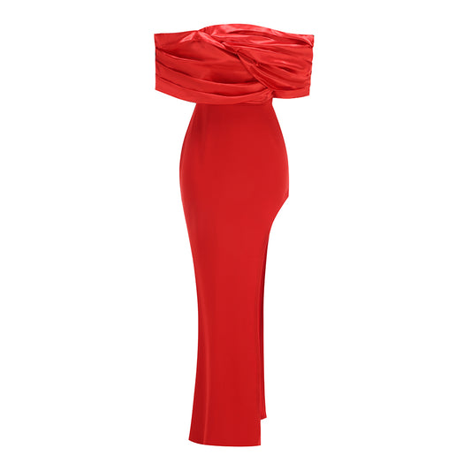 Draped Design Bardot Maxi Dress Red HV1994