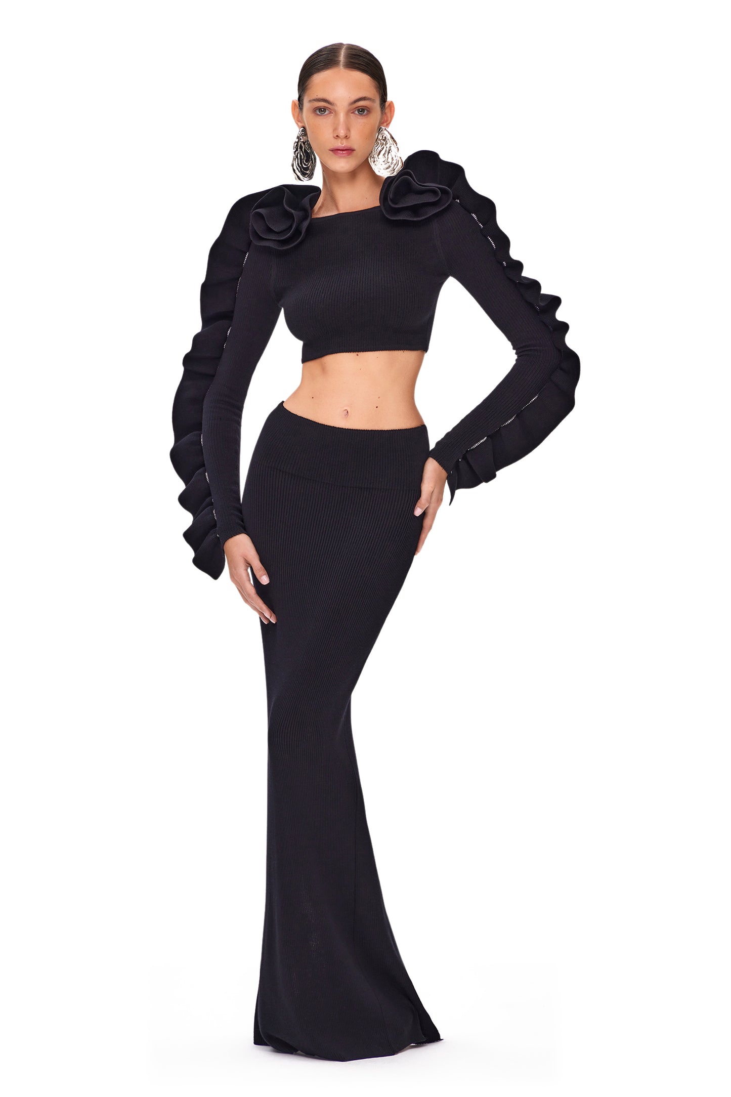 Ruffle Long Sleeve Two Piece Maxi Dress Black HV1030
