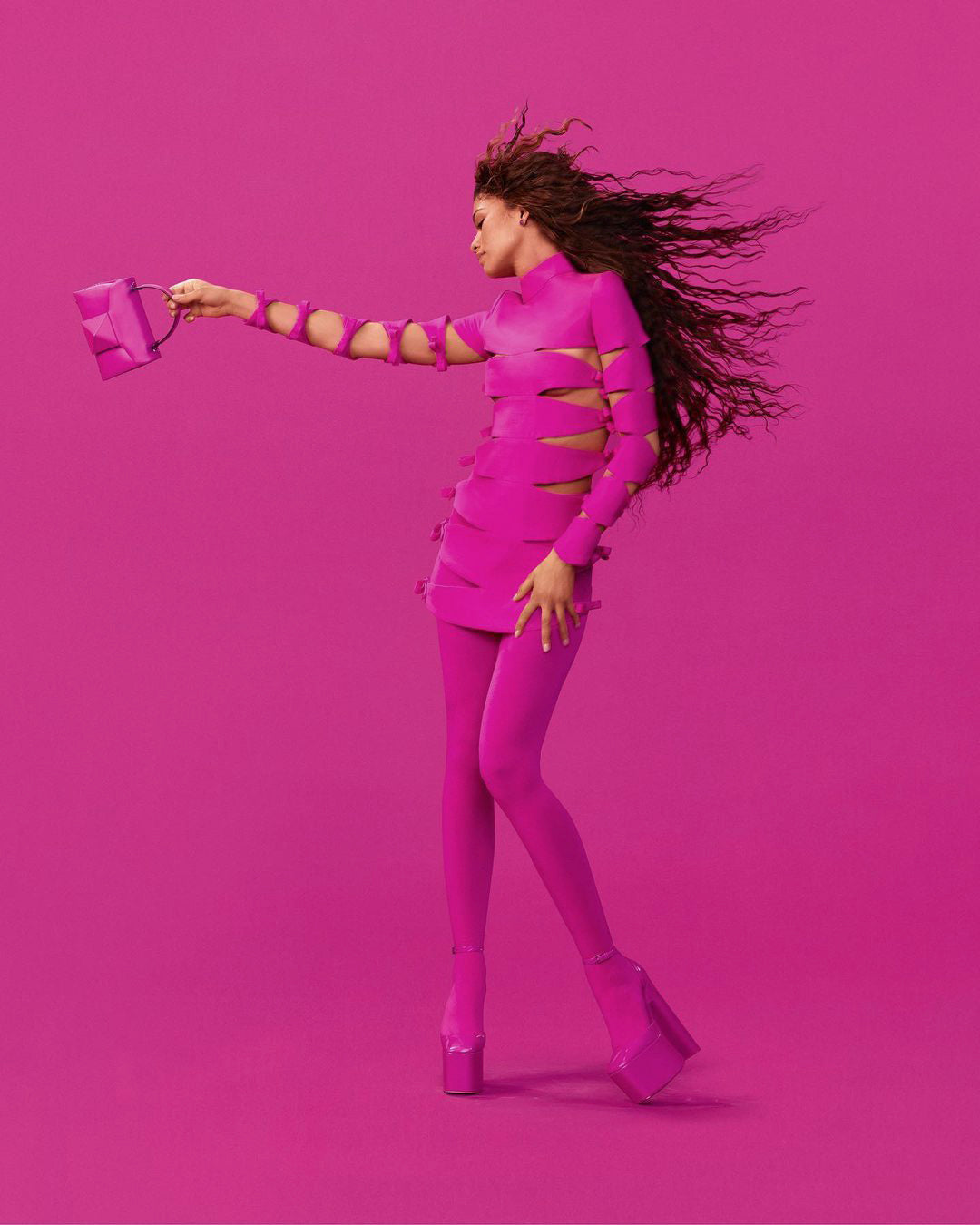 Long Sleeve Side Cut Out Dress Hot Pink HV9160