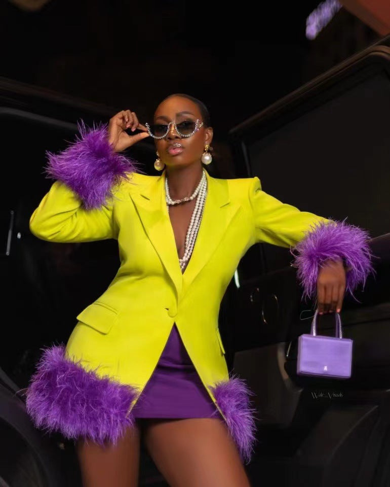 Long Sleeve Feather Detail Blazer Yellow Purple