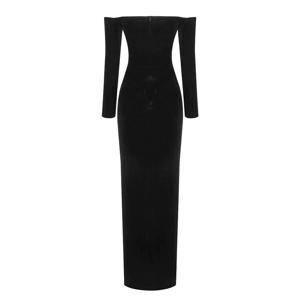 Long Sleeve Lace Insert Maxi Velvet Dress Black HV9962