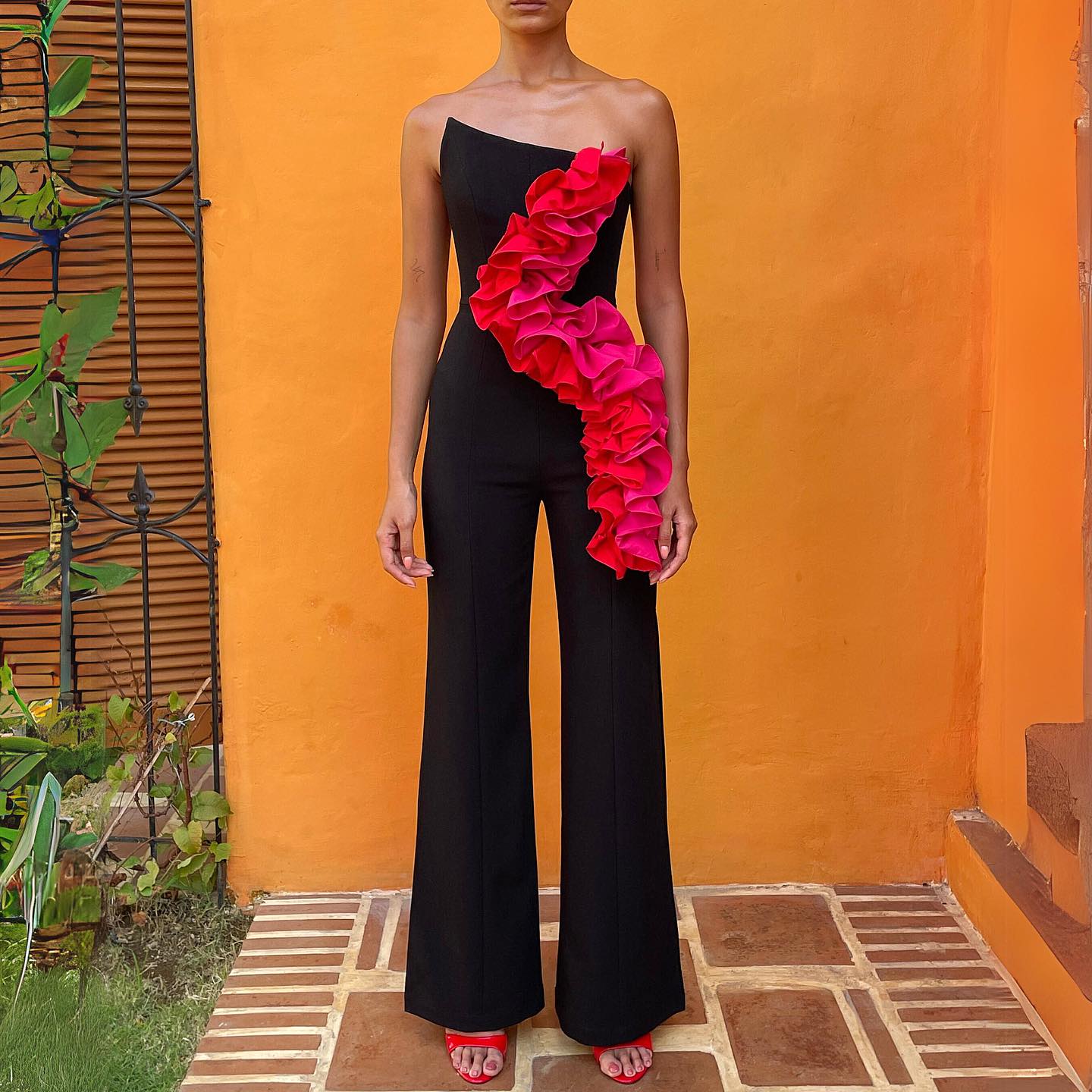 Strapless Ruffle Jumpsuit Black HV1604