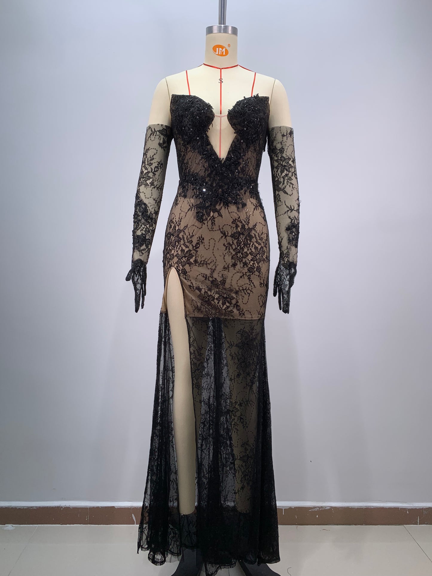 Strapless Sequin Lace Maxi Dress Black HV1630
