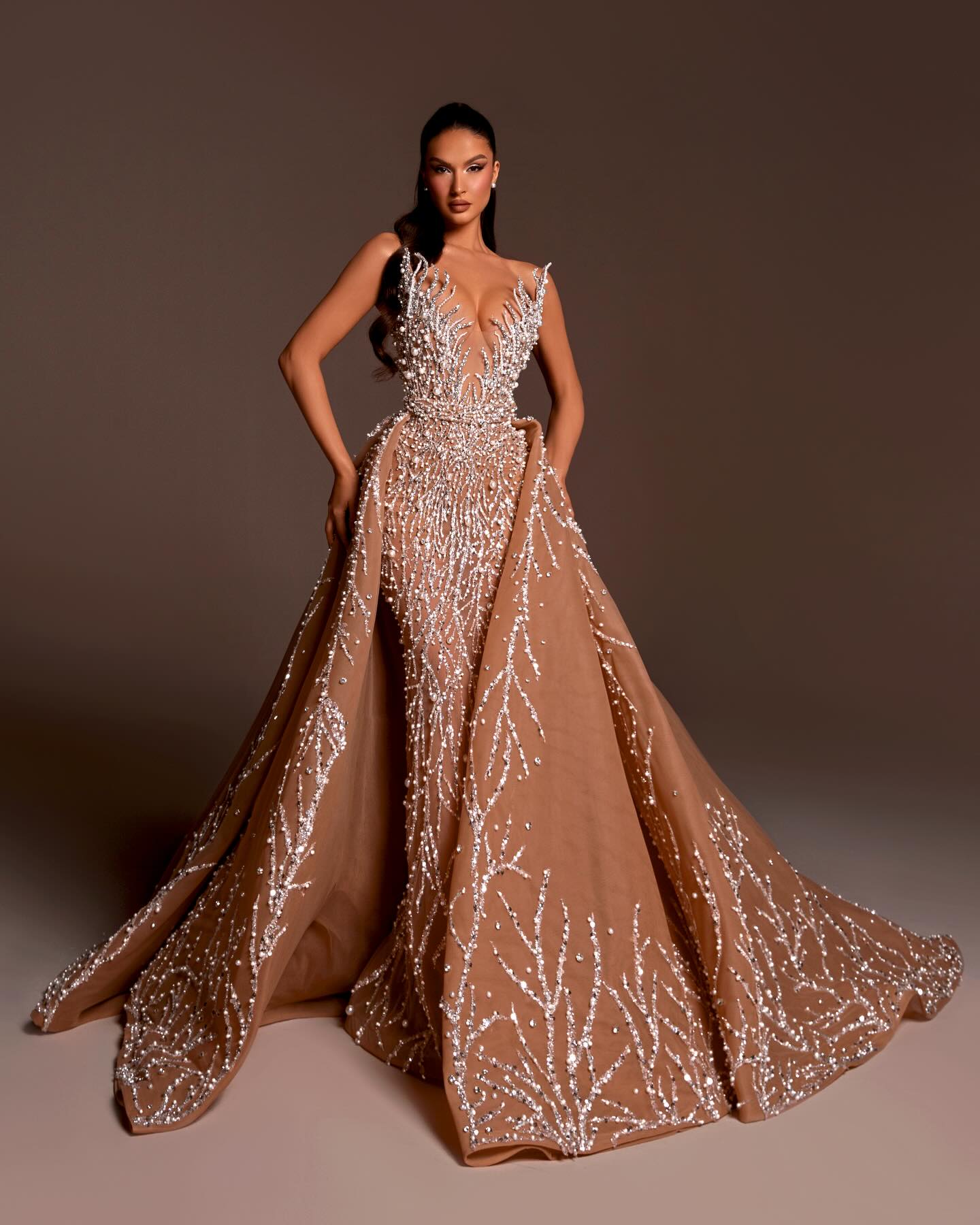 Strapless Crystal Pearl Sequin Maxi Dress Nude HV2146
