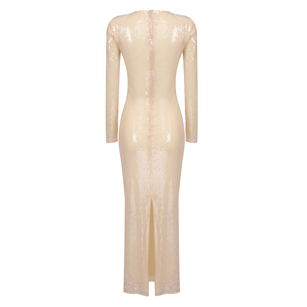 Long Sleeve Flower Sequin Midi Dress Nude HV1086