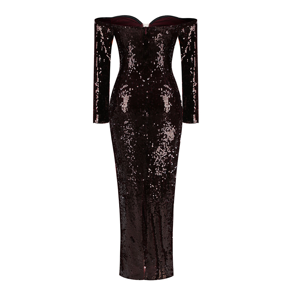 Long Sleeve Bardot Sequin Maxi Dress Brown HV1929