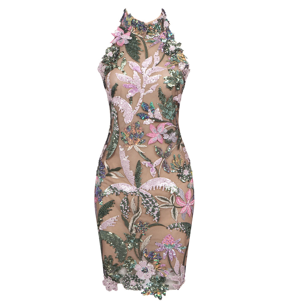 Floral Embroidered Sequin Dress Green Pink HV1600