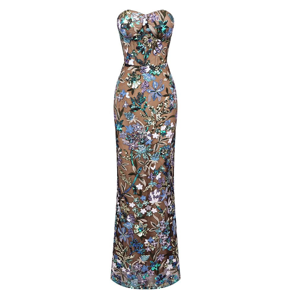 Strapless Sequin Floral Lace Maxi Dress Green HV1152