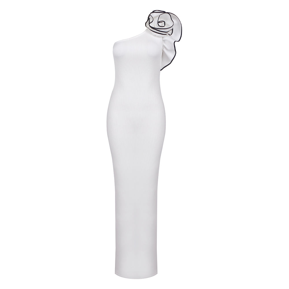 One Shoulder Ruffle Maxi Dress White HV1038