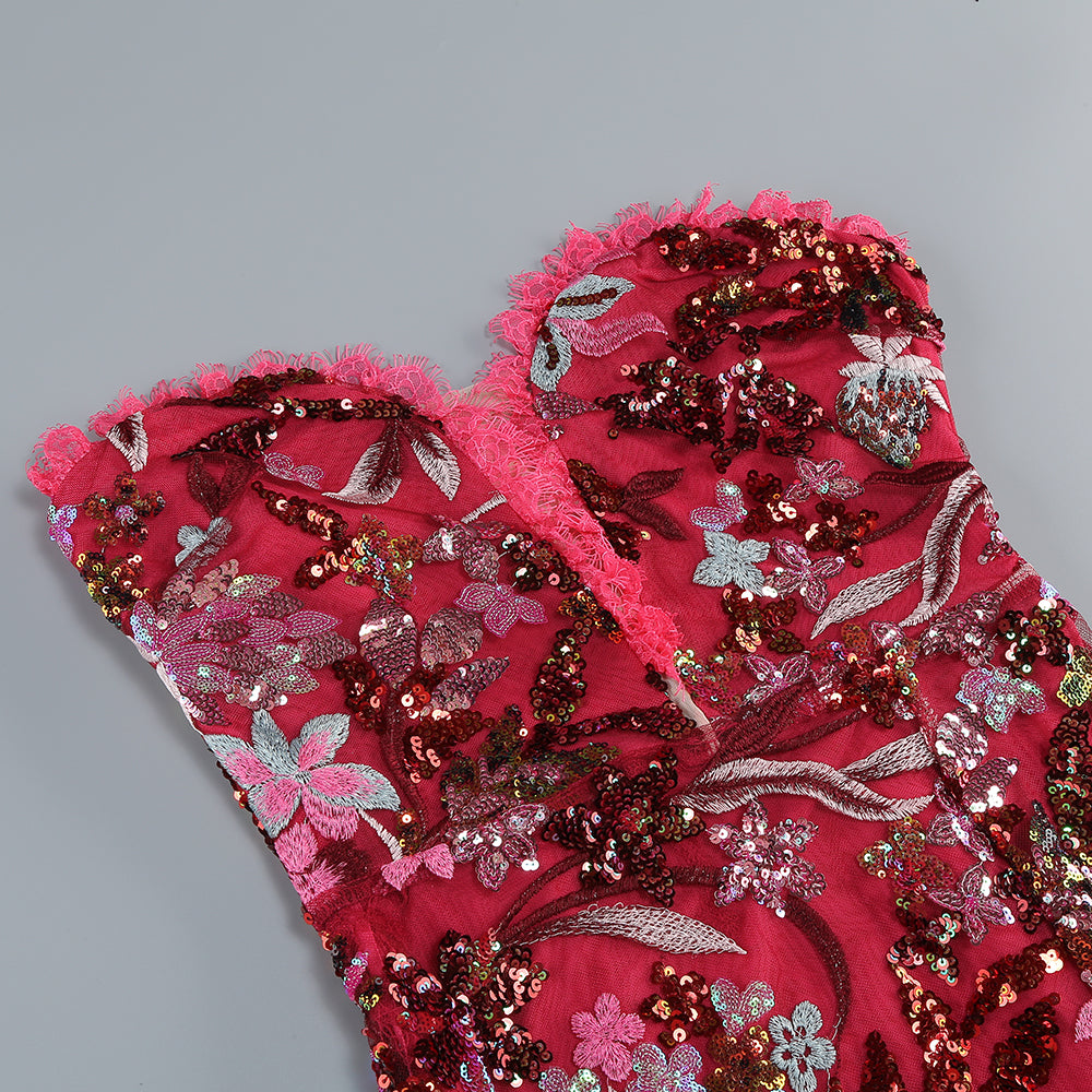 Strapless Sequin Floral Embroidered Maxi Dress HV1661