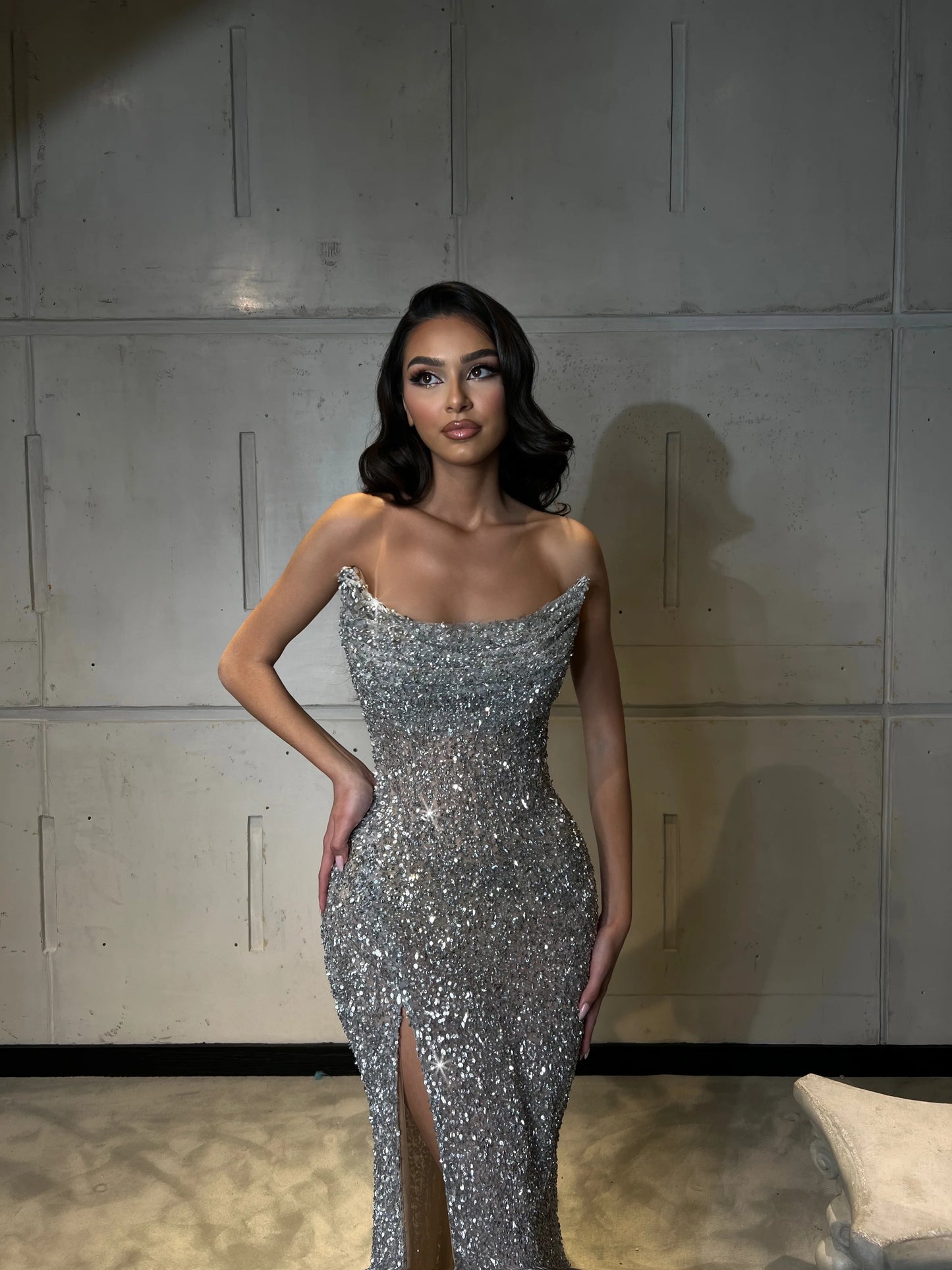 Strapless Sequin Maxi Mermaid Dress Silver HV1759