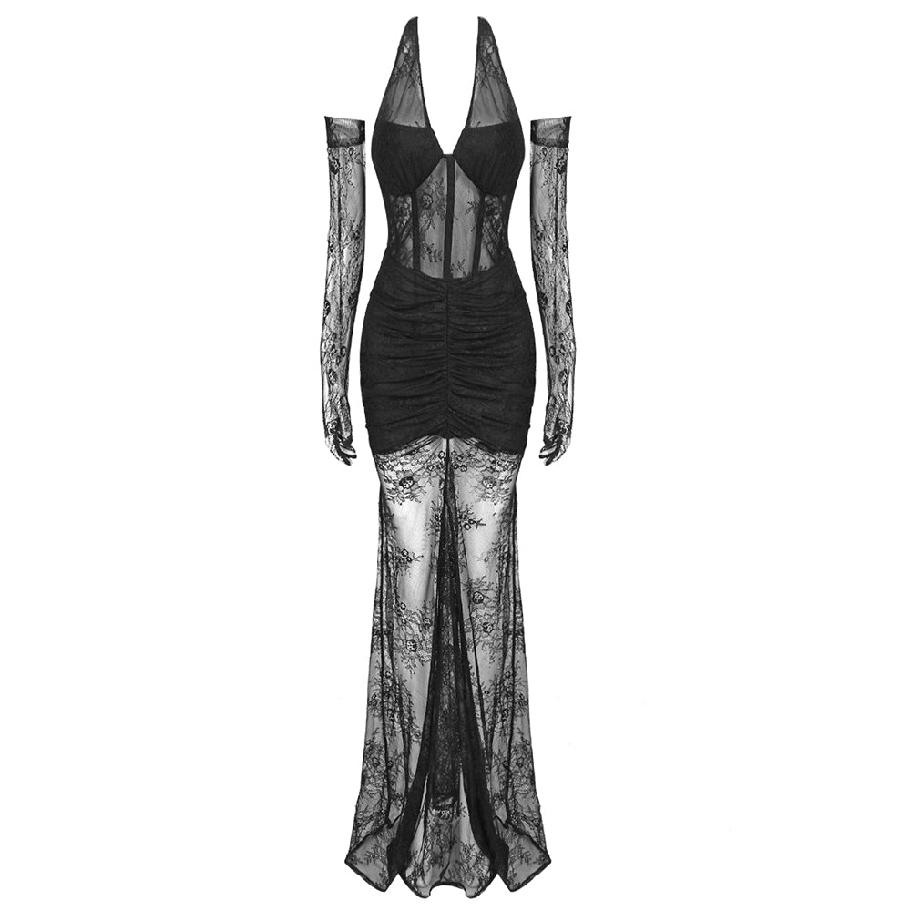 Halter Bustier Lace Mermaid Maxi Dress HV9972
