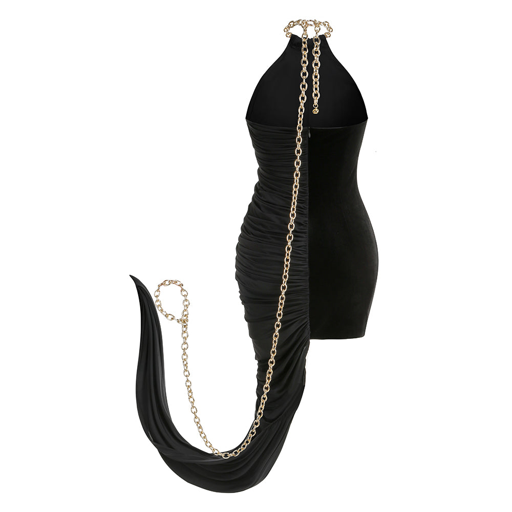 Halter Chain Detail Ruched Velvet Dress Black HV1615