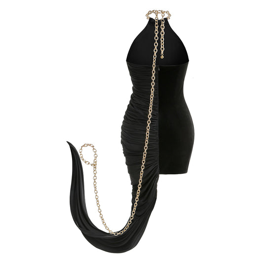 Halter Chain Detail Ruched Velvet Dress Black HV1615