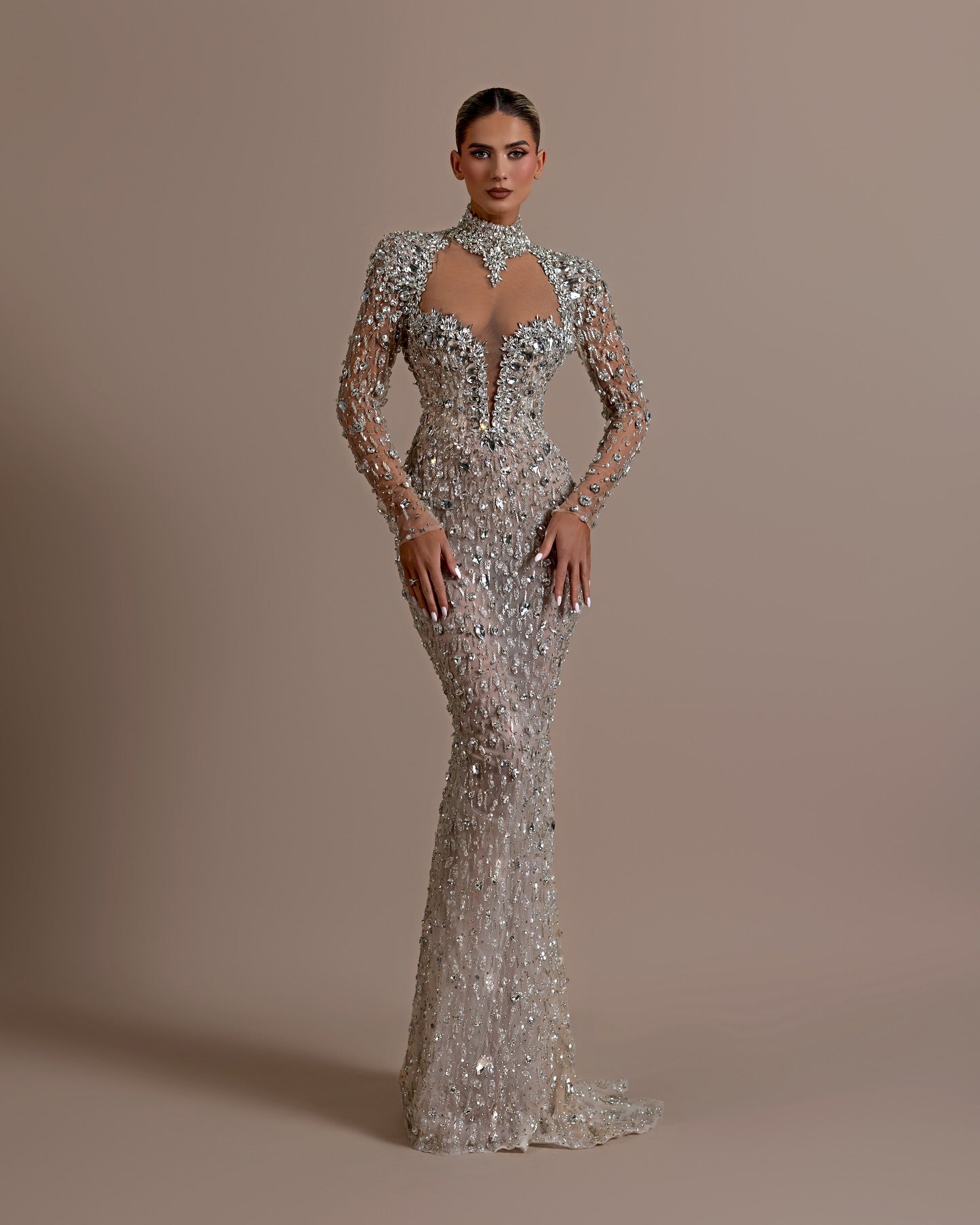 Long Sleeve Crystal Backless Maxi Dress Nude HV2000