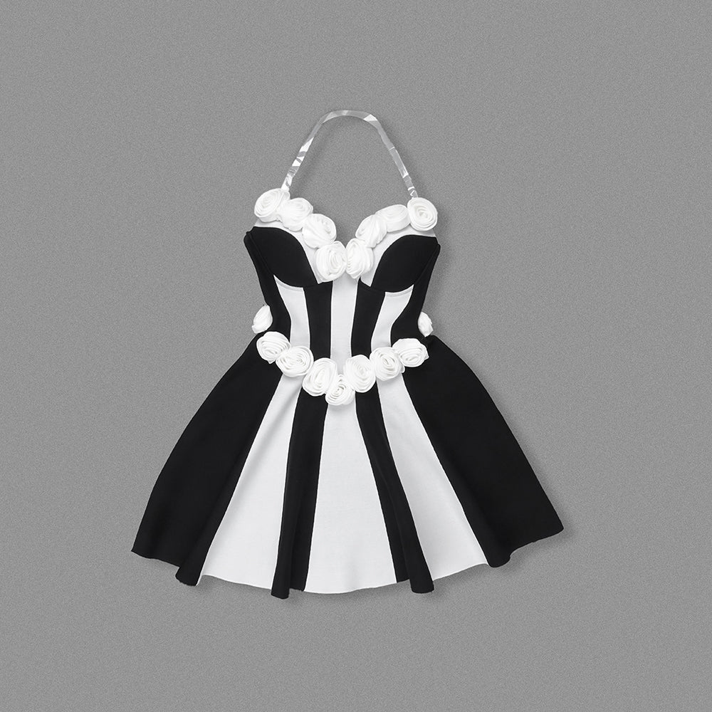 Strapless Floral Corset A Line Dress Black White HV2142