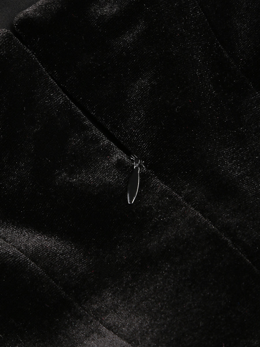 Flower Detail Strapless A Line Velvet Dress Black HV1173