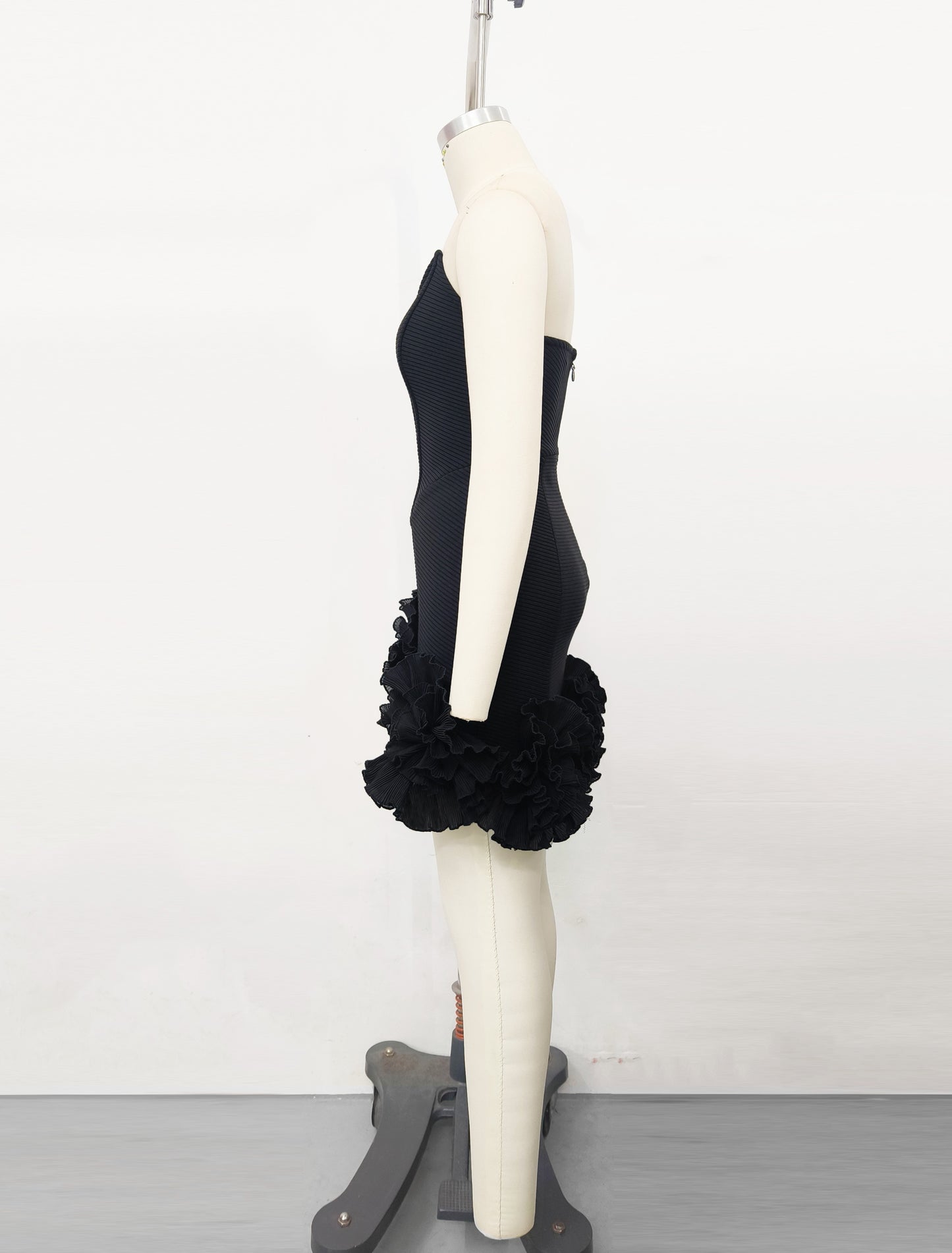 Strapless Floral Ruffle Dress Black