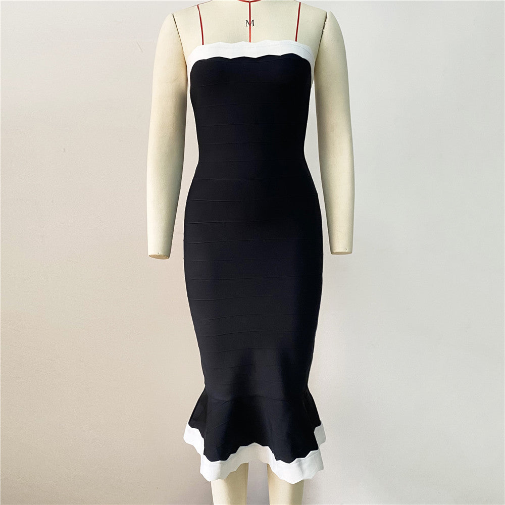 Strapless Scalloped Fluted Midi Dress Black White HV1334