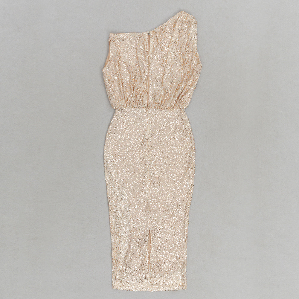 Boat Neck Sequin Draped Midi Dress Gold HV9624