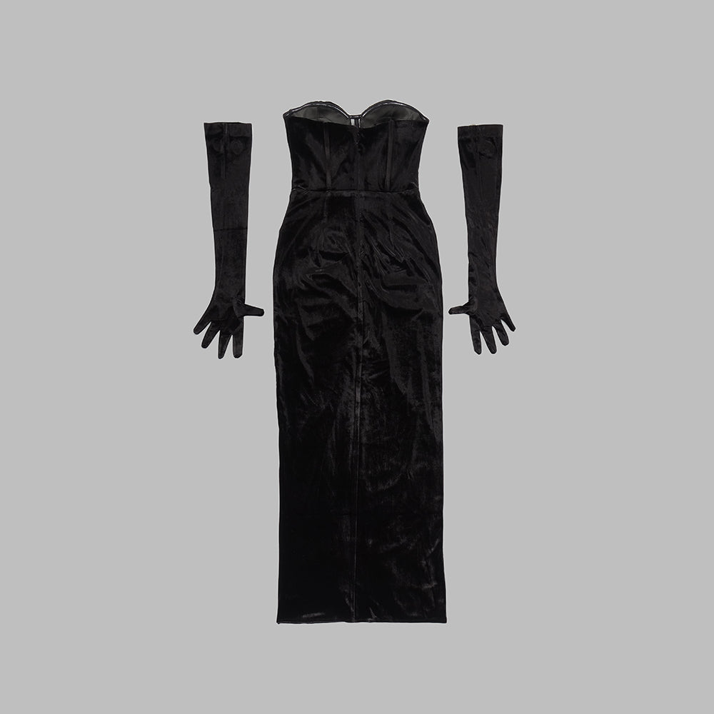 Crystal Bustier Strapless Maxi Velvet Dress Black HV9635