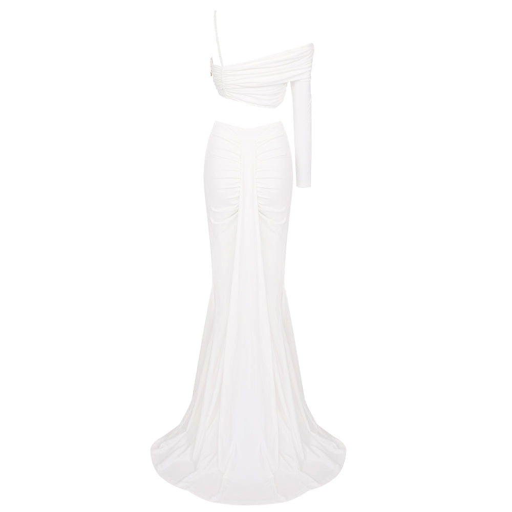 One Sleeve Ruched Two Piece Maxi Dress White HV1078