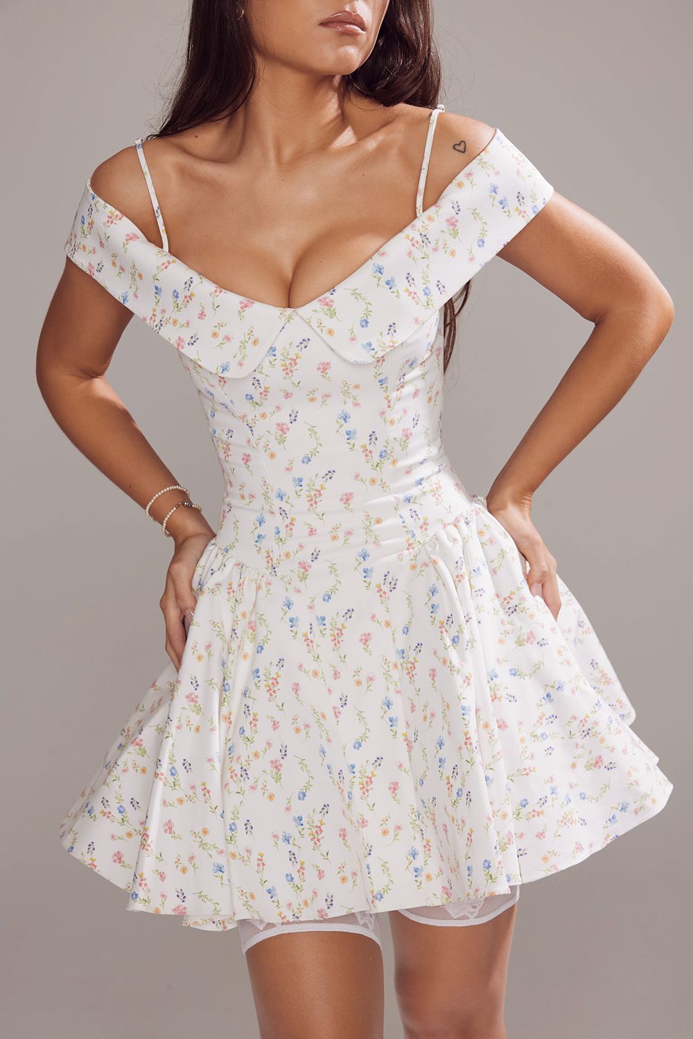 Floral Bardot A Line Dress White HV1257