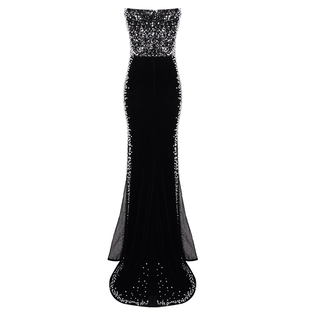 Strapless Crystal Pearl Maxi Velvet Dress Black HV1765