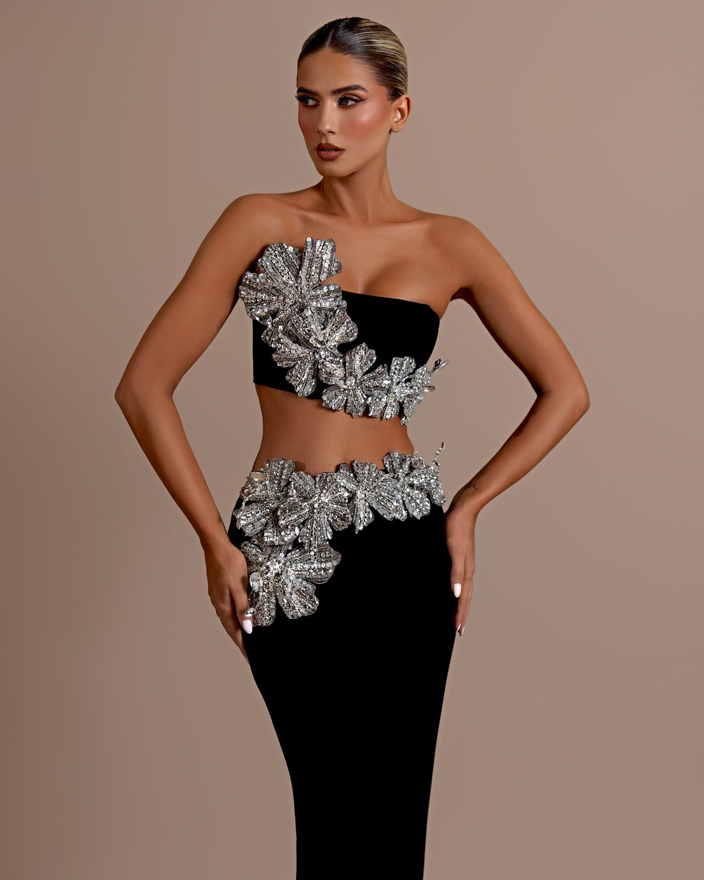 Strapless Sequin Floral Maxi Velvet Dress Black HV1696