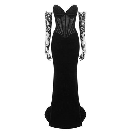 Strapless Lace Corset Maxi Velvet Dress Black HV1317