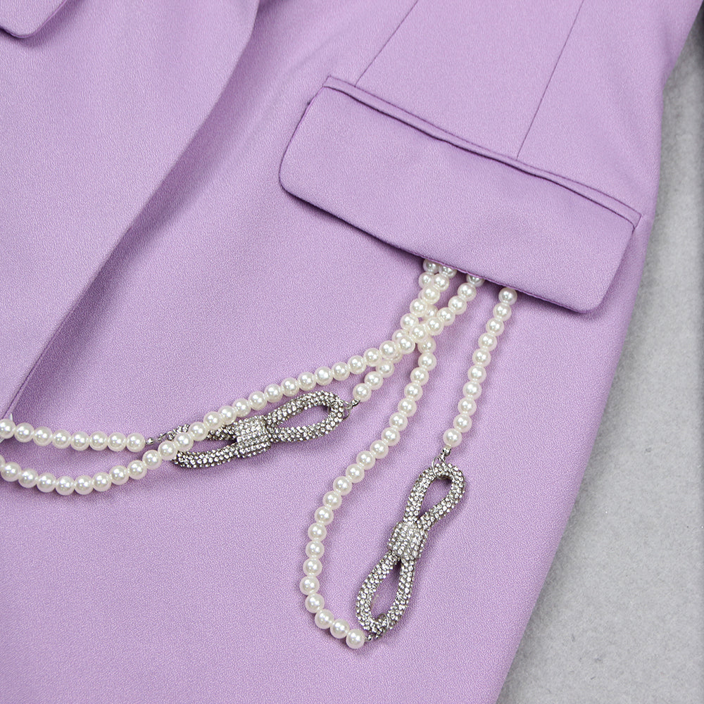Long Sleeve Crystal Bow Blazer Dress Lavender