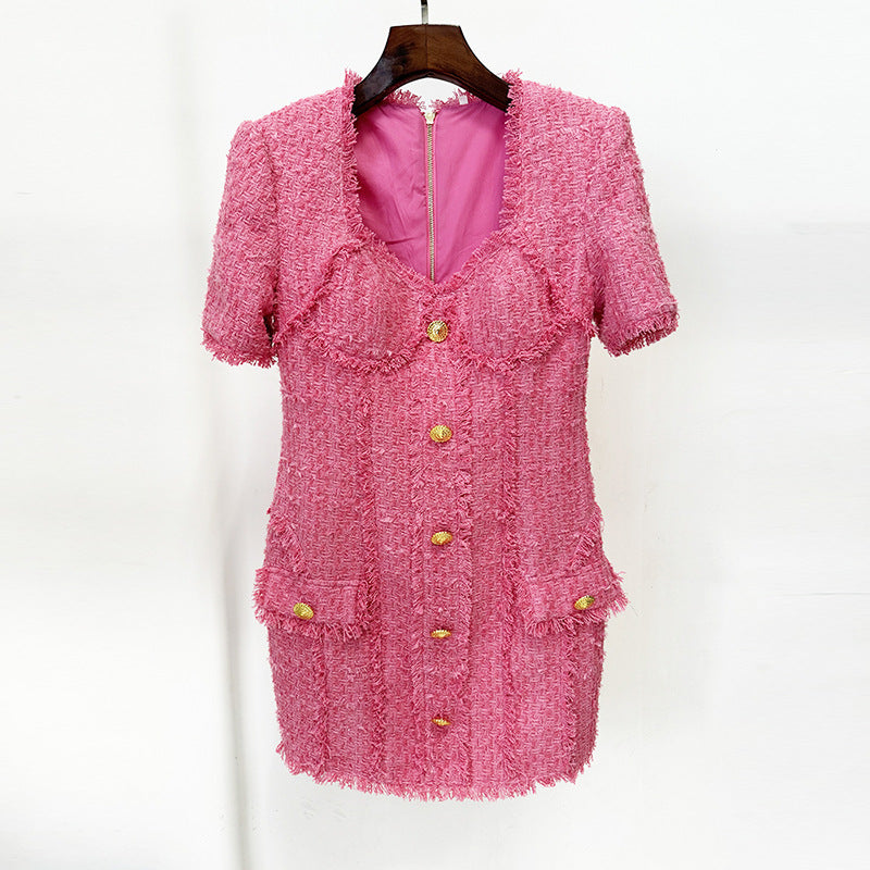 Short Sleeve Bustier Pocket Dress Hot Pink HV1575