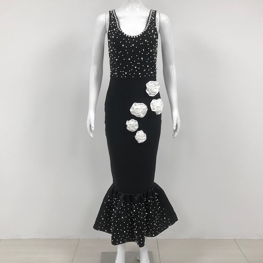 Floral Pearl Mermaid Midi Dress Black HV1598