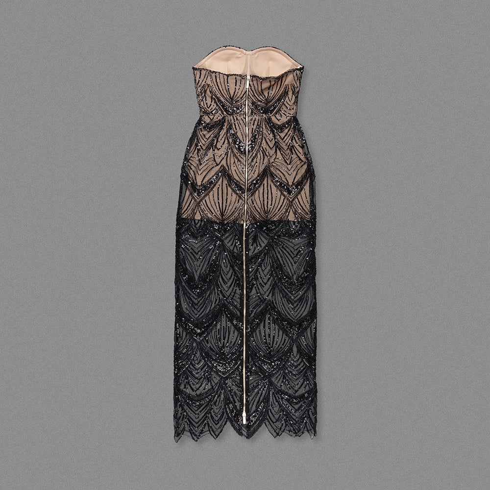 Strapless Bustier Sequin Maxi Dress Black HV1728