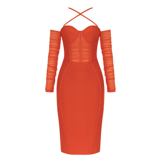 Halter Long Sleeve Structured Midi Dress HV9530