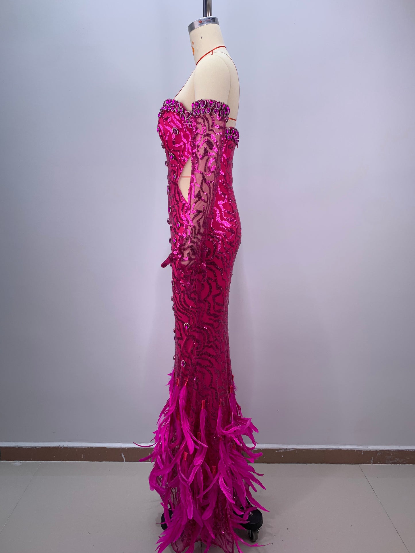 Strapless Sequin Feather Maxi Dress Hot Pink HV1553