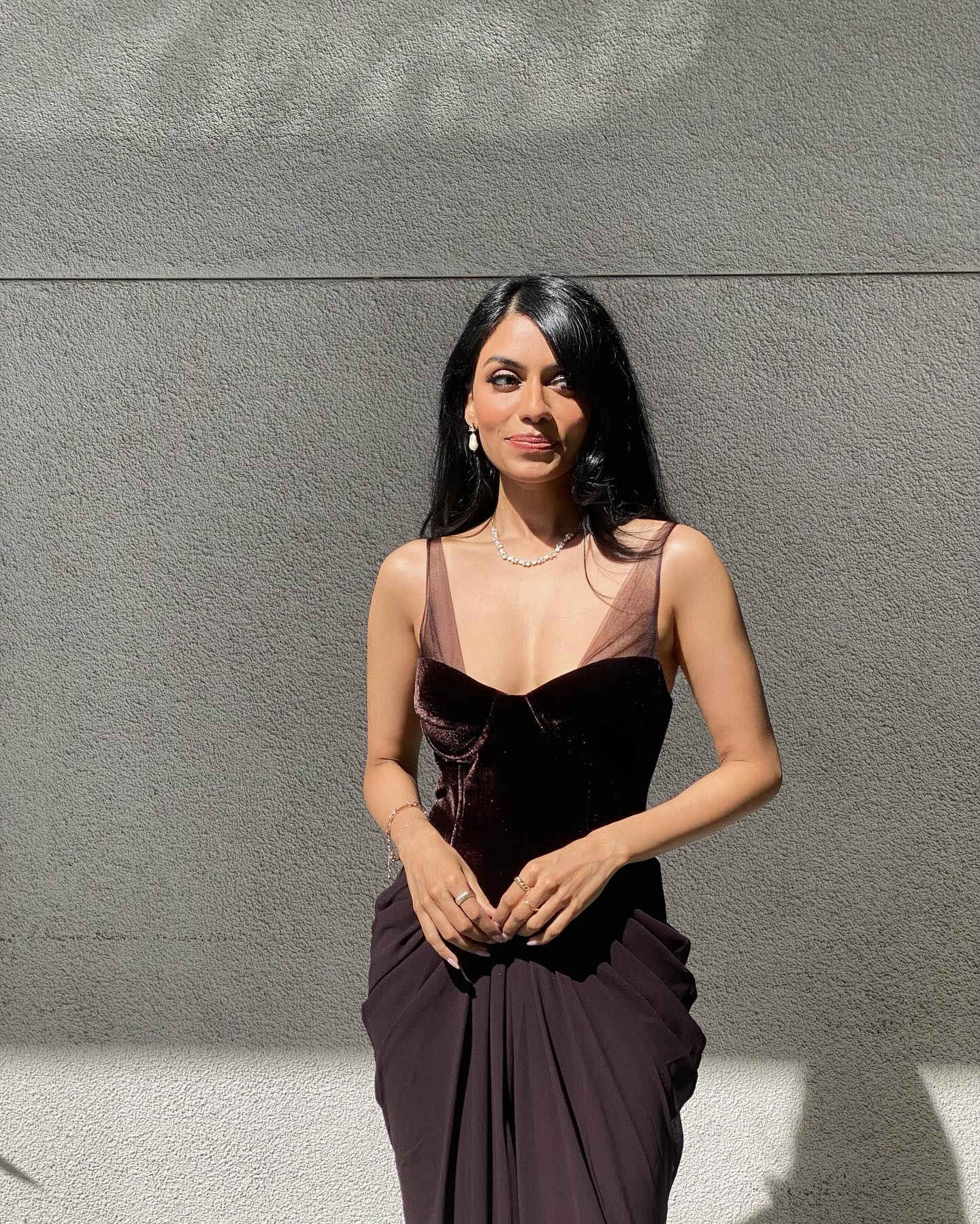 Velvet Bustier Draped Maxi Dress Brown HV2136