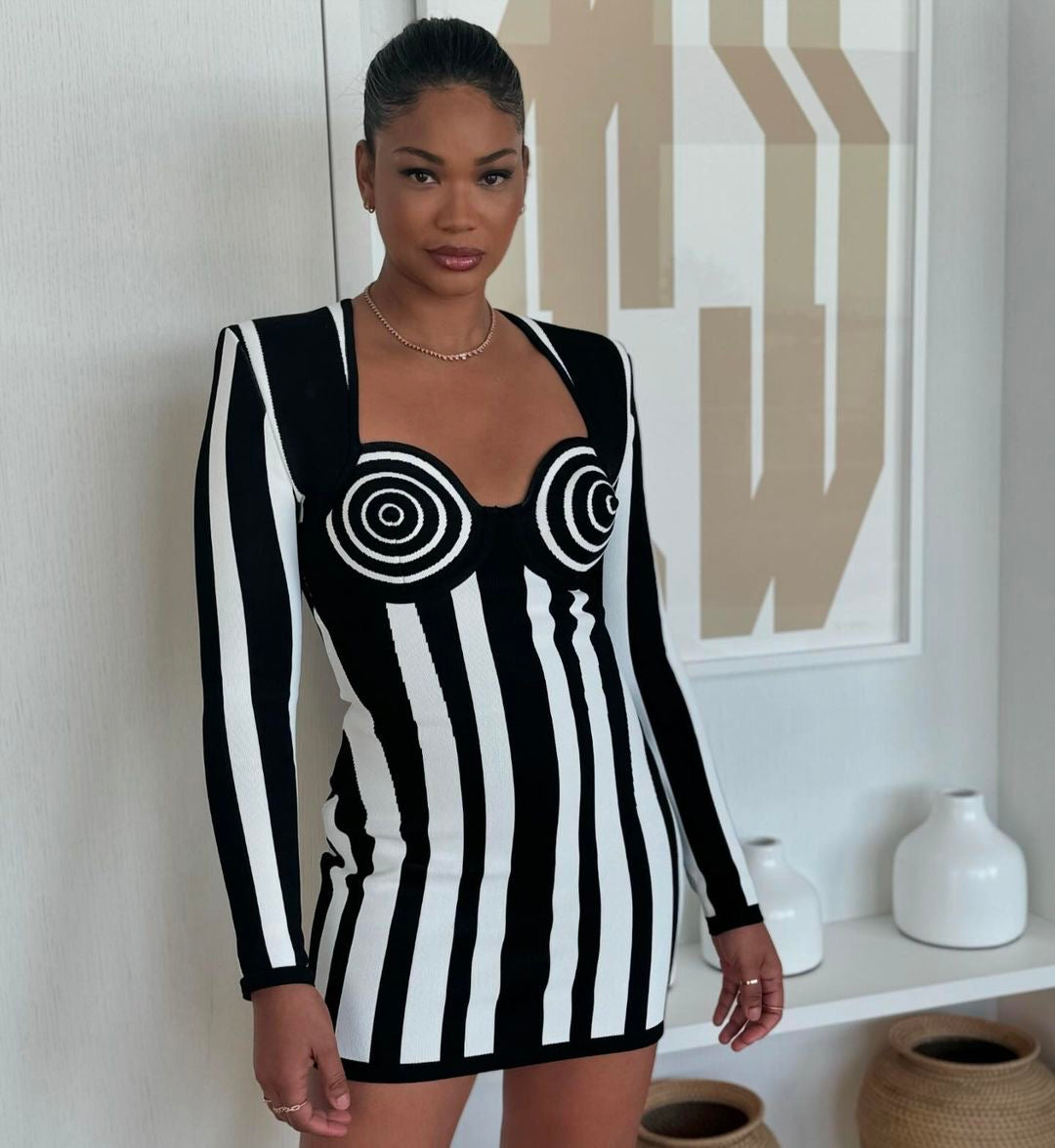 Long Sleeve Bustier Striped Dress Black White HV1805