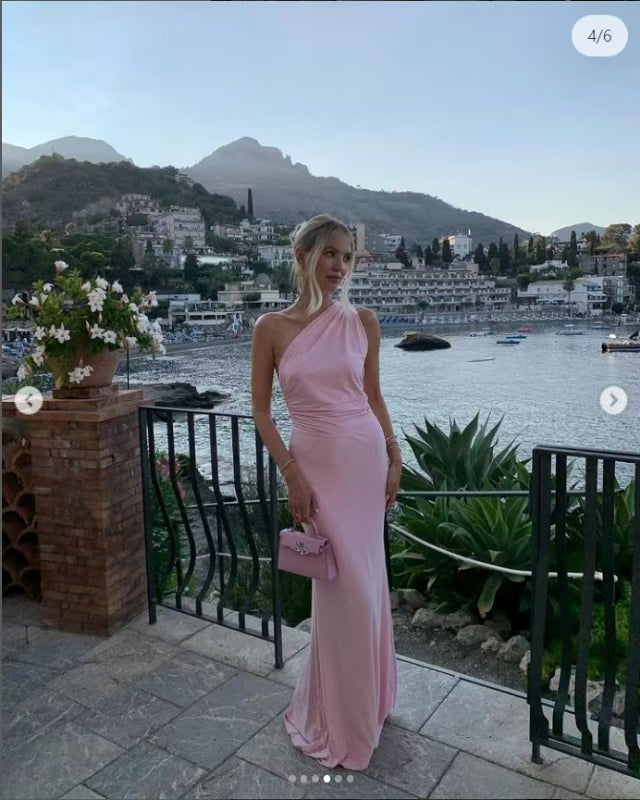One Shoulder Backless Maxi Dress Pink