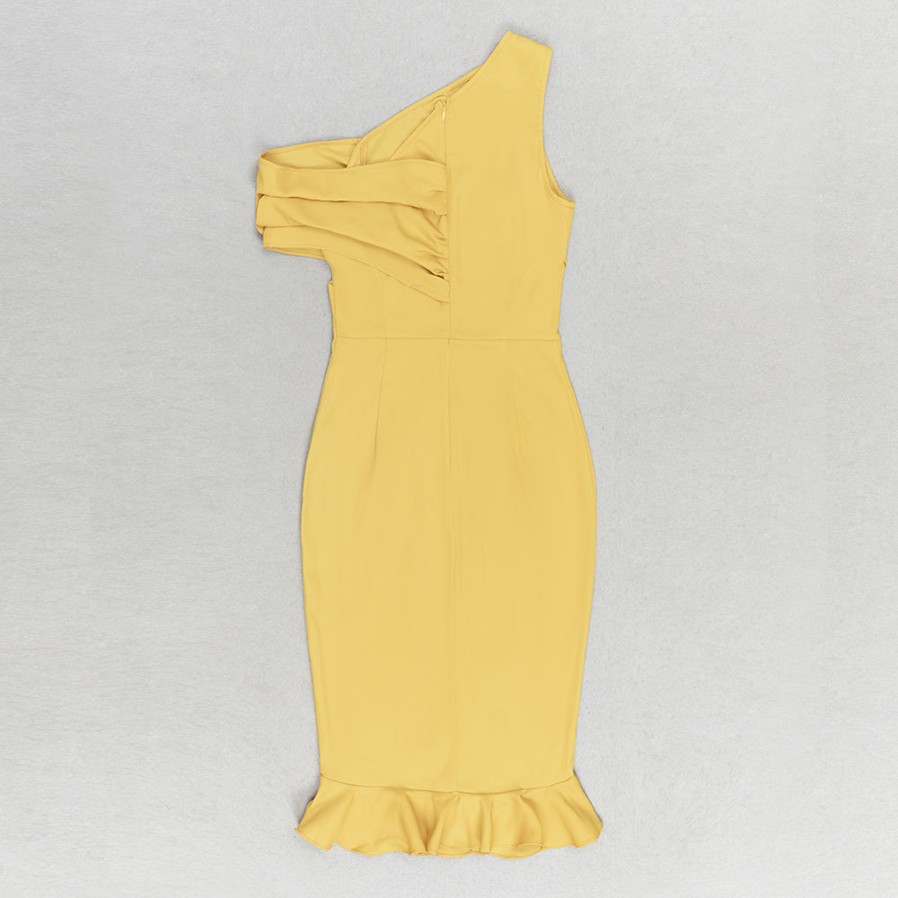 One Shoulder Draped Ruffle Dress Mustard HV9690