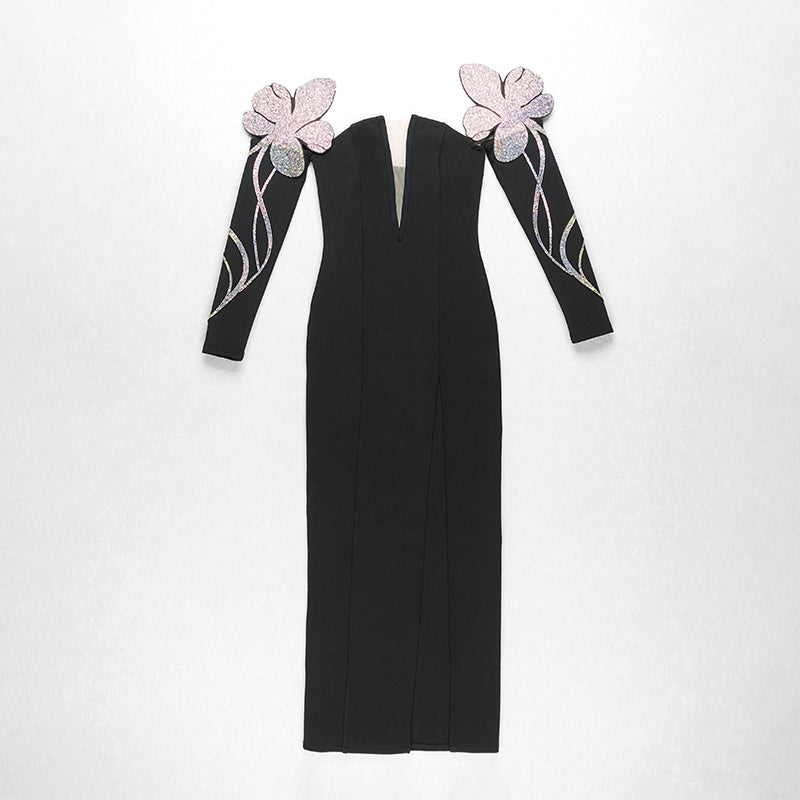 Long Sleeve Flower Detail Maxi Dress Black HV8207