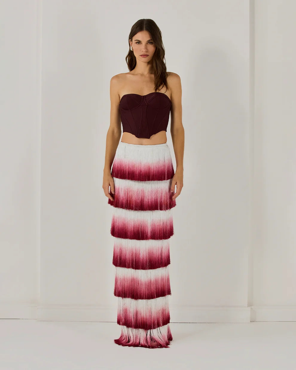 Strapless Tassel Two Piece Maxi Dress Burgundy HV2598