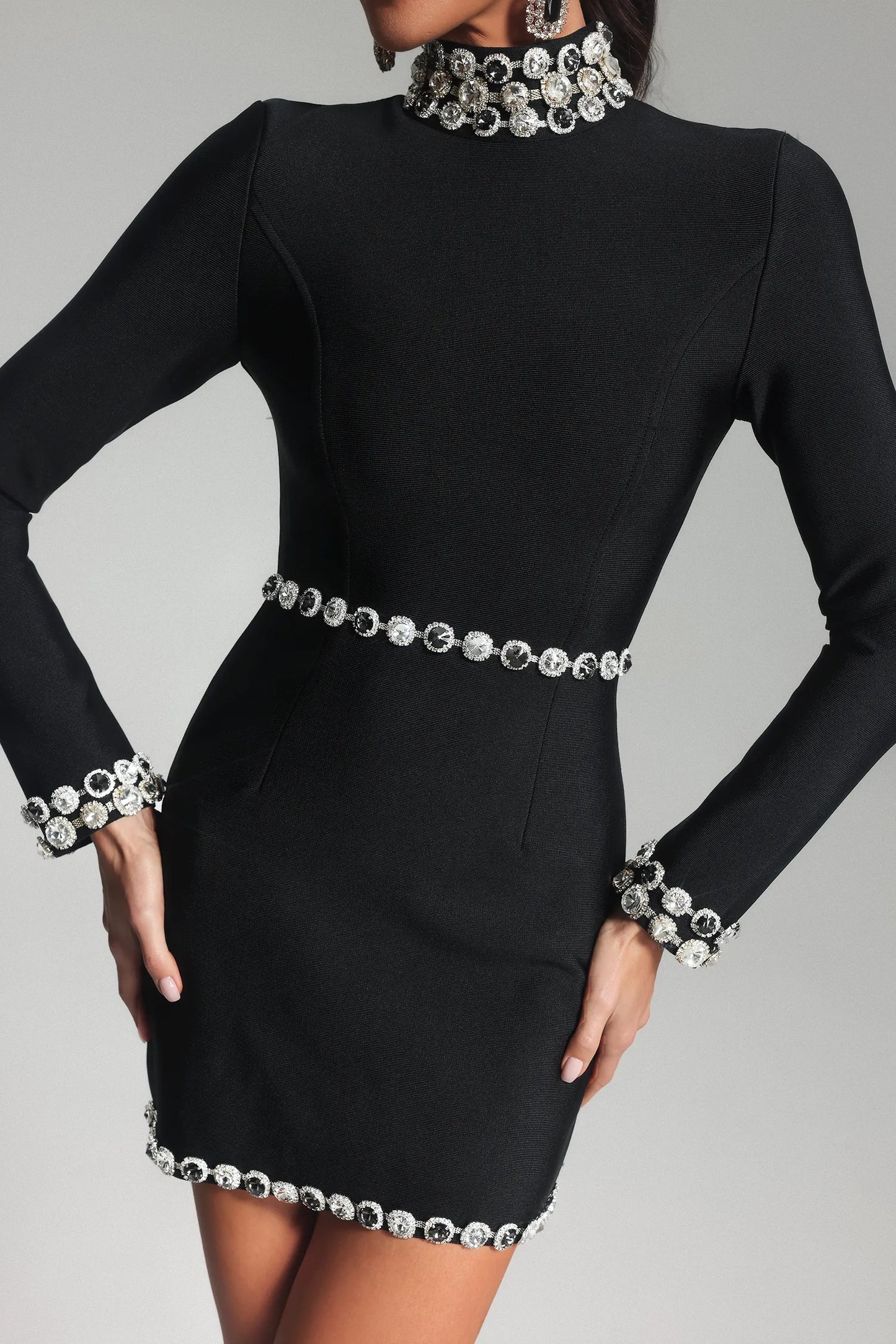 Long Sleeve Crystal Trim Dress Black HV1665