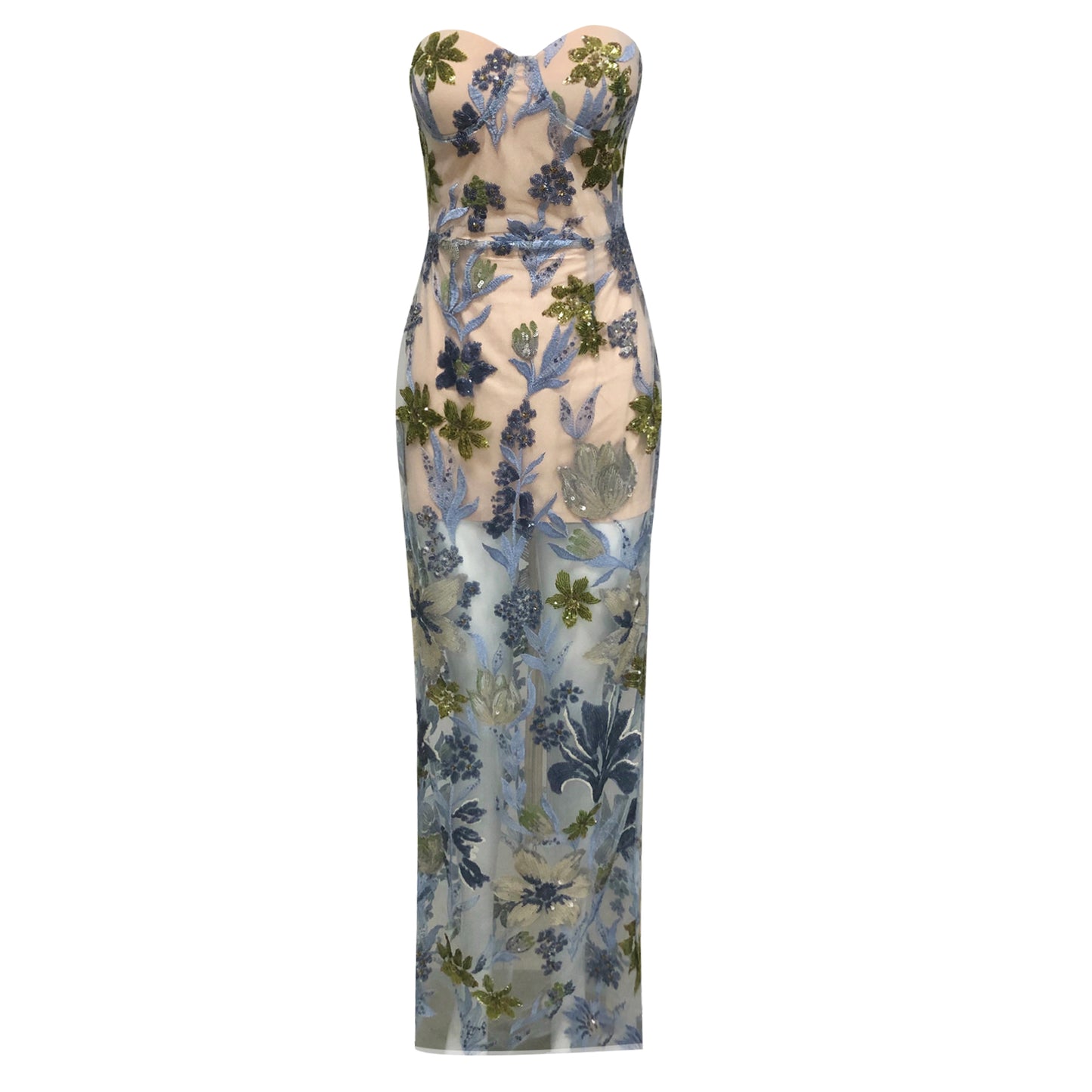 Strapless Sequin Embroidered Floral Maxi Dress Blue HV2099