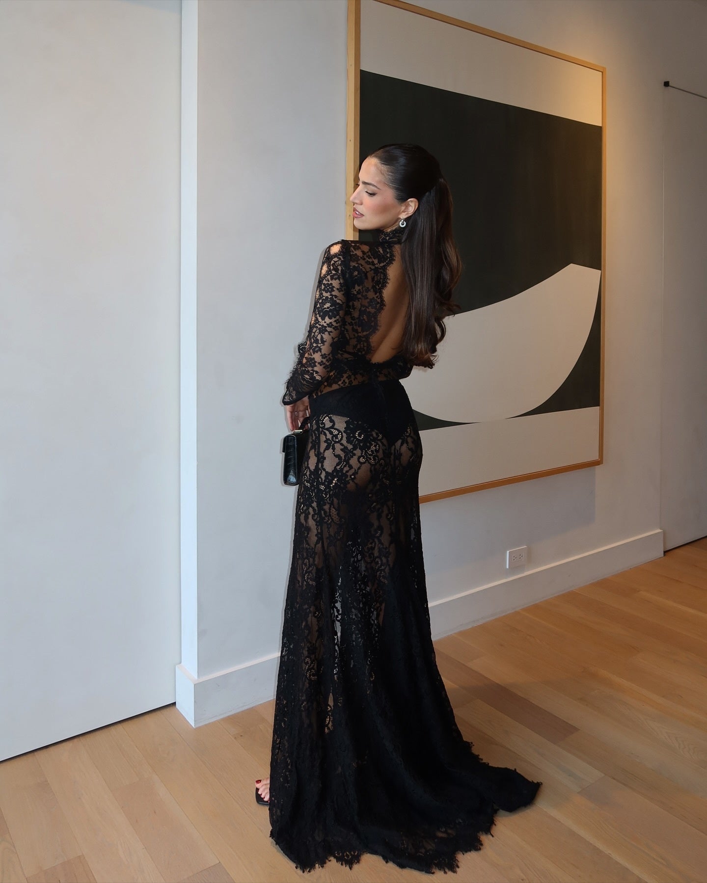 Long Sleeve Cut Out Lace Maxi Dress Black HV2038